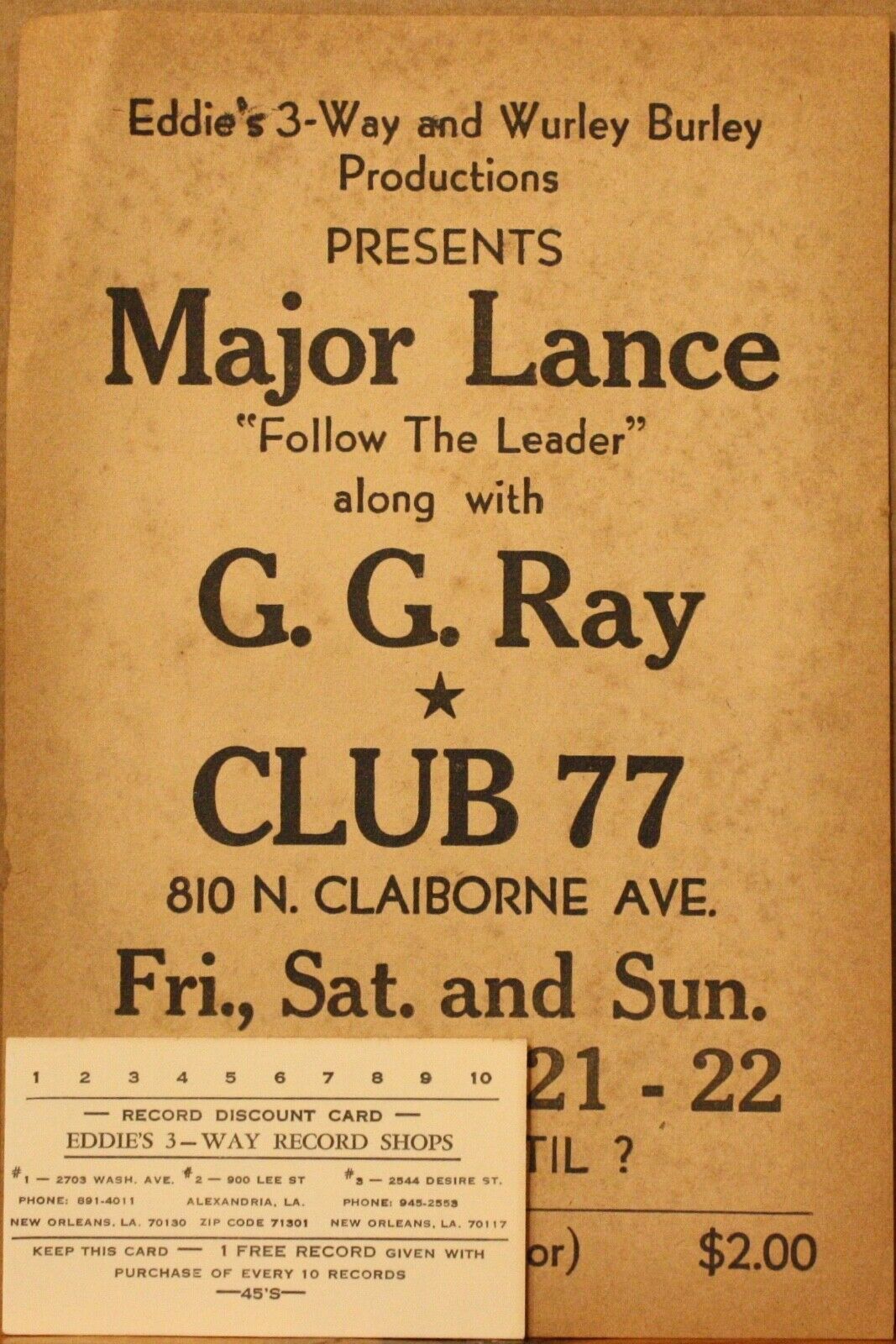 EDDIE 3-WAY - WHURLEY BURLEY *MAJOR LANCE* 6X9 Poster- Business Card NEW ORLEANS